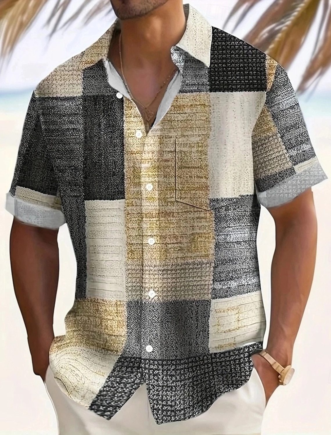 Men's Geometric Color Block Patchwork Shirt Casual Shirt Button Up Shirt Short Sleeve Fashion Casual Vacation Dailywear Holiday Summer Spring Turndown 3D Print Collared Shirts Front One Pocket Blue