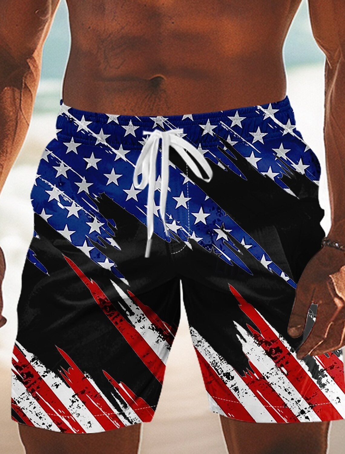 Men's 4th of July U.S. 250th Anniversary American Flag Swim Trunks Bathing Suits Swim Shorts Board Shorts Mid Waist Patriotic Holiday Side Pockets Mesh Lining Elastic Drawstring Waist Designer