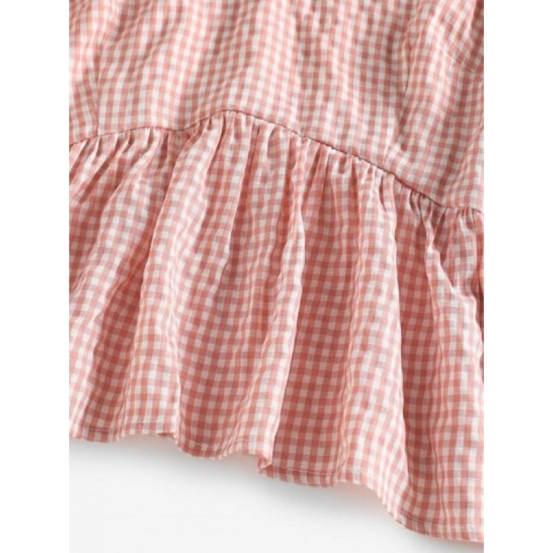 Gingham Puff Sleeve Peplum Blouse TP3361