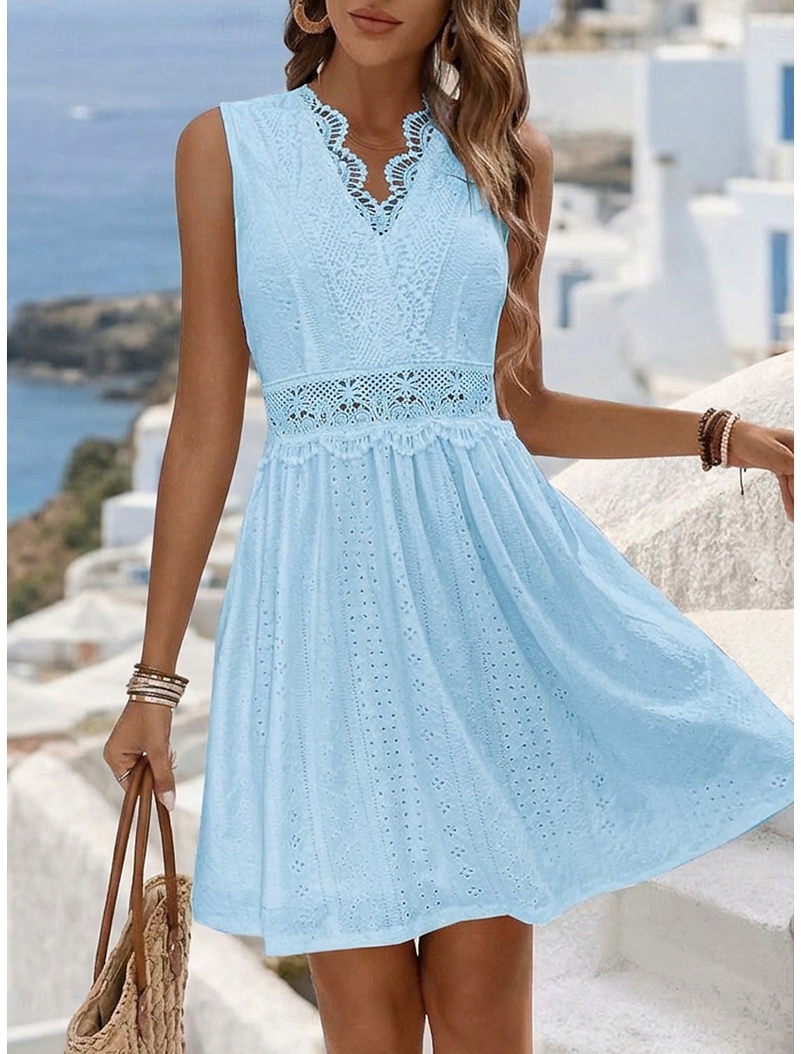 Women's Knee Length Dress Lace Dress White Dress Casual Dress Summer Dress Elegant Fashion Beach Vacation Holiday Regular Fit Floral Sleeveless V Neck Blue Black White Yellow Summer Spring