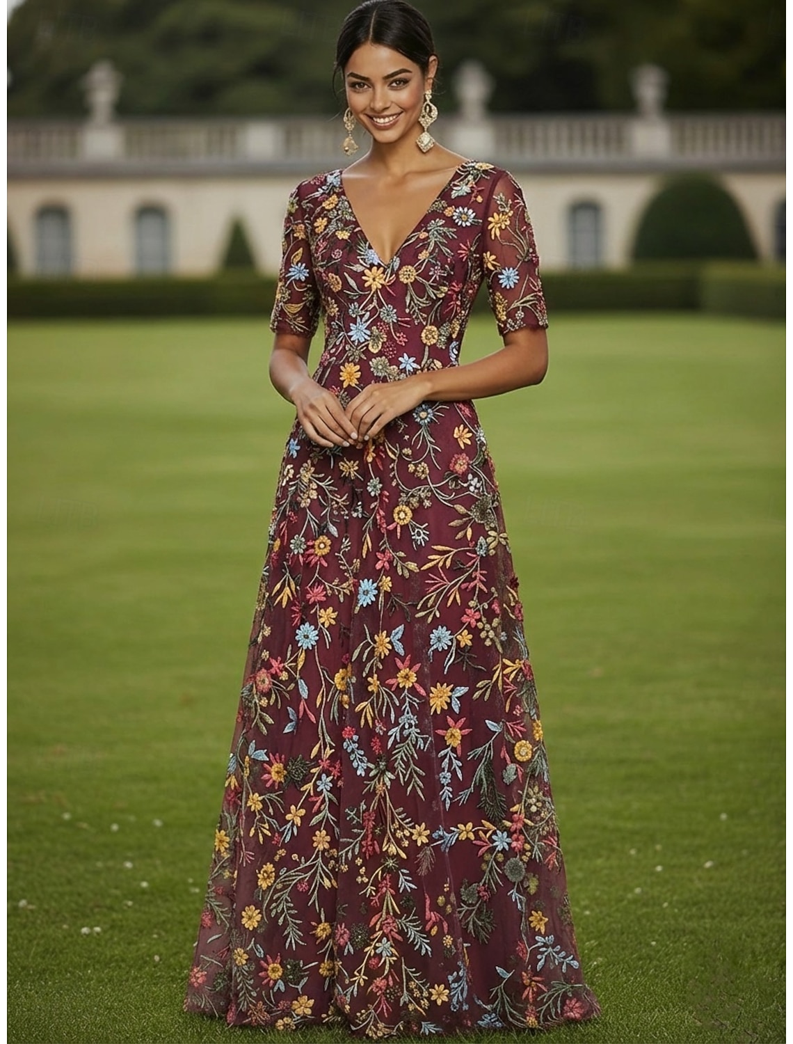 A-Line Dress Tea Length Cocktail Dress Wedding Guest Dress Mother of the Bride Dress Half Sleeve Crew Neck Boat Neck Elegant Casual Formal Kentucky Derby Semi Formal Tulle with Embroidery Appliques