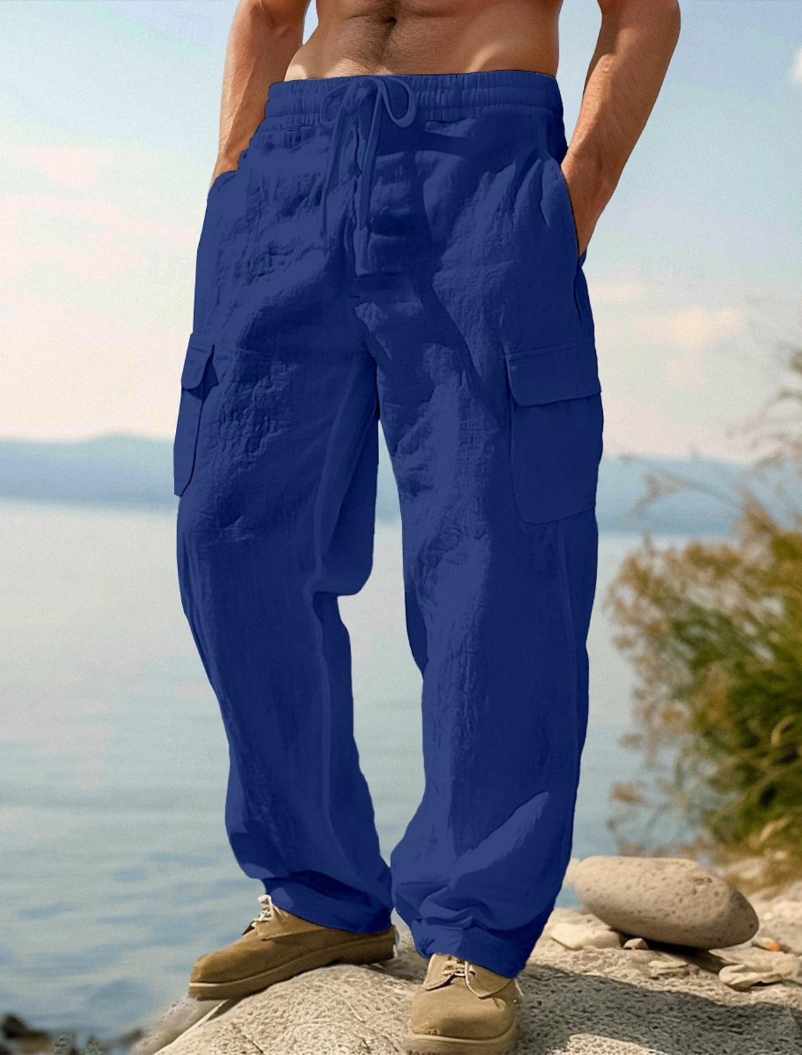 Men's Cargo Shorts Linen Summer Beach Drawstring Elastic Waist Mult #1