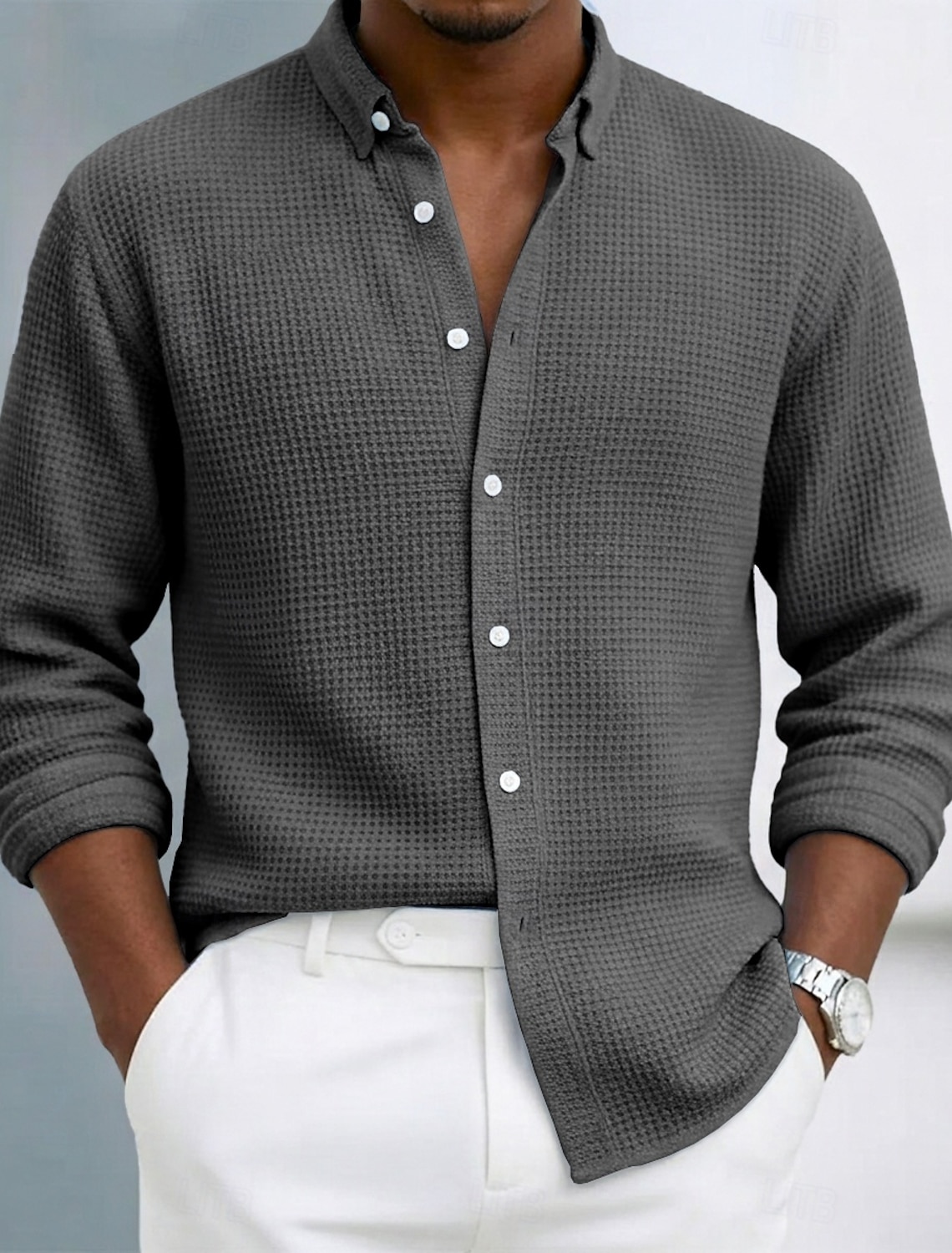 Men's Shirt Waffle Texture Casual Button Up Black White Wine Navy B #1