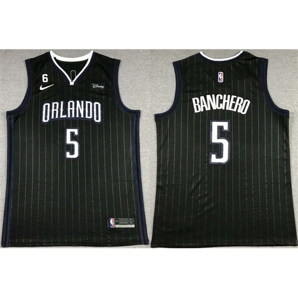 Men's Orlando Magic #5 Paolo Banchero Black With No.6 Patch Icon Edition Stitched Swingman Jersey