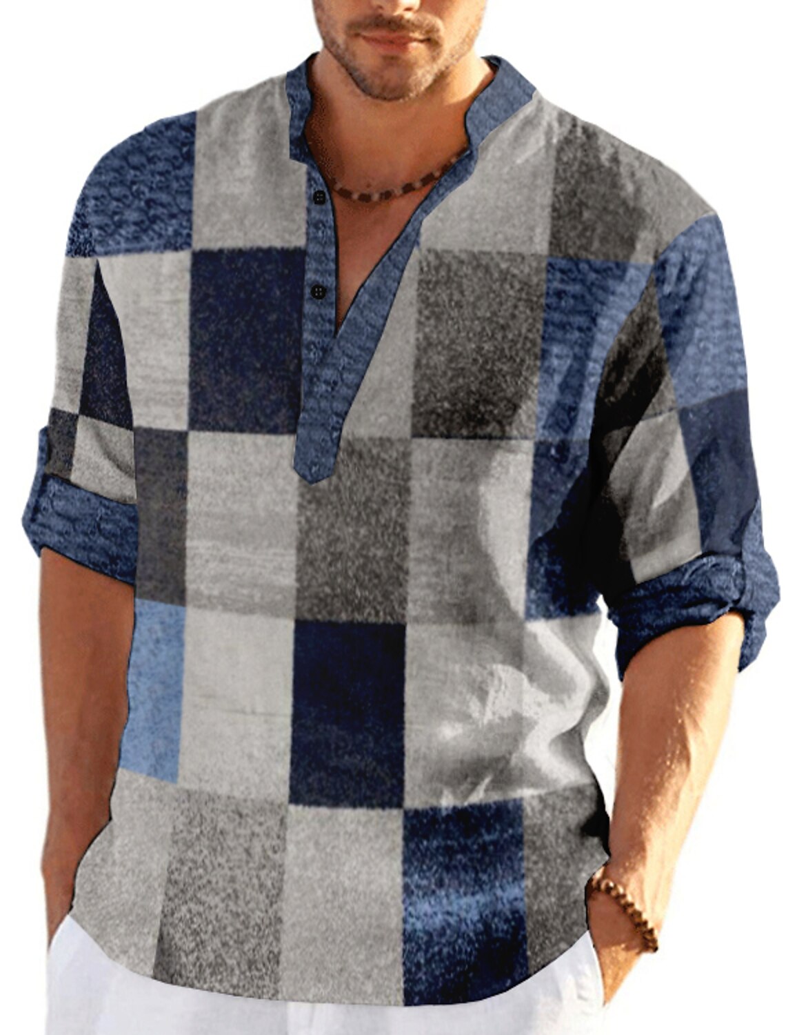 Men's Plaid / Check Patchwork Geometric Pattern Shirt Button Up Shirt Long Sleeve Fashion Streetwear Designer Casual Going out Summer Spring Fall Stand Collar Print Blue Khaki Khaki+Khaki Black White