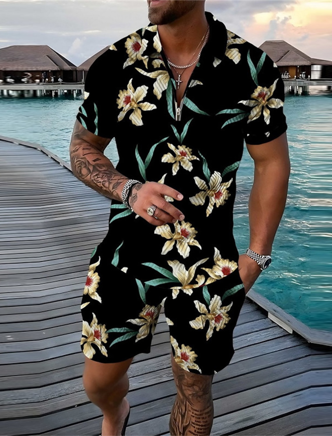 Men's Floral Graphic Skull Leaves Polo Shirts Hawaiian Golf Shirt Set