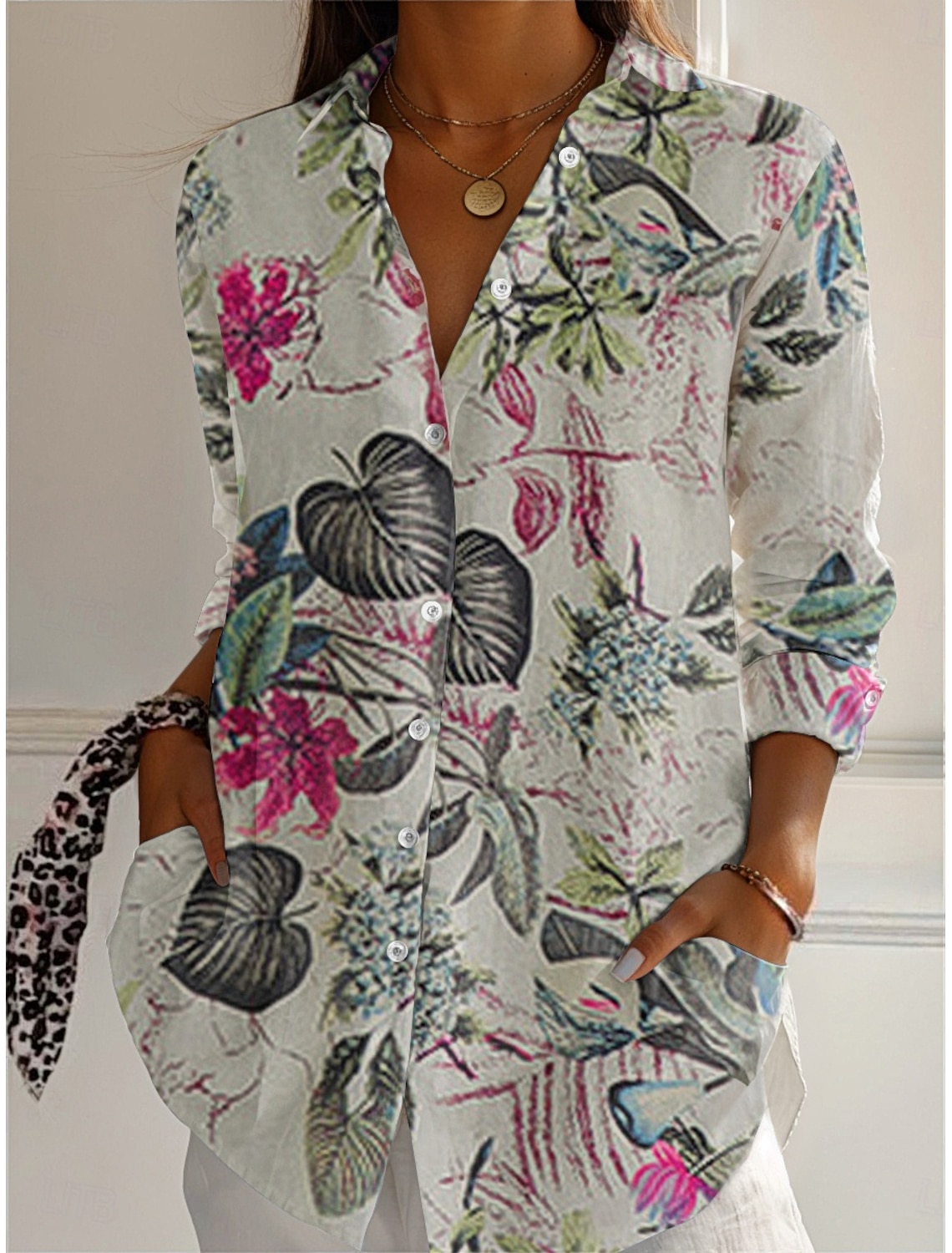 100%cotton Boho Shirt Women's Royal Blue Purple Khaki Toile Floral Print Pocket Home Party Elegant Neutral Daily Shirt Collar Loose Fit S
