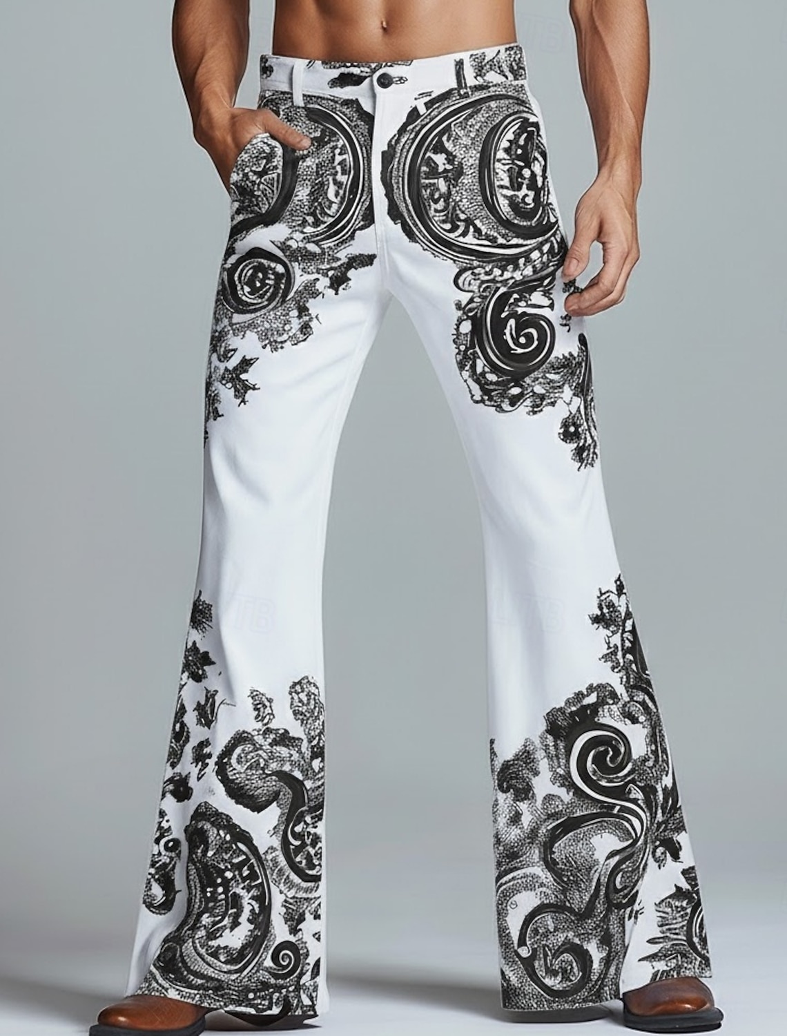 Men's Paisley Floral Print Ethnic Trousers Disco Pants 60s 70s Bell