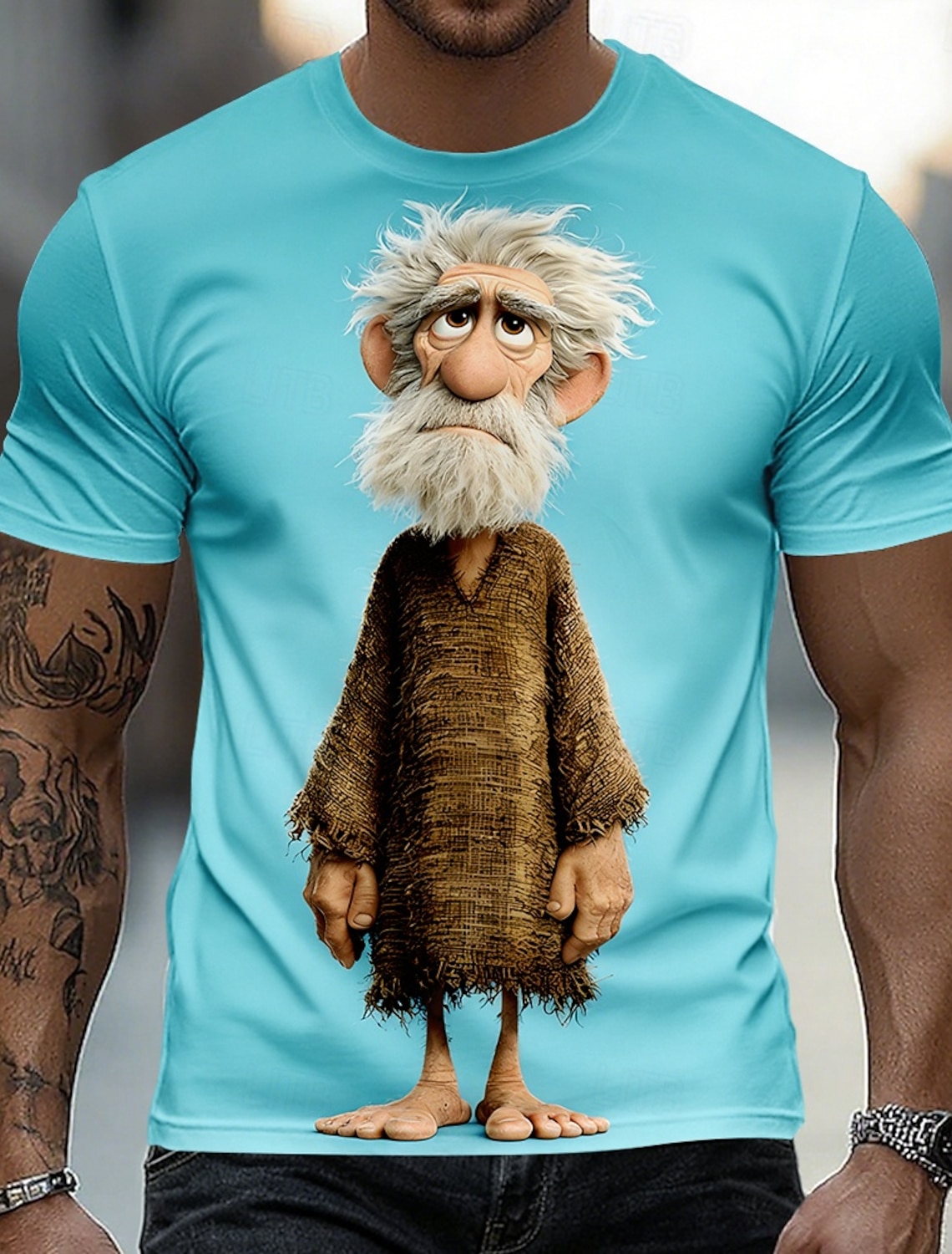 Funny 3D Graphic Cool Old Man with White Beard & Sunglasses Men's Teal T-Shirt - Quirky Grandpa Caricature Design Short Sleeve Crew Neck Summer Beach Holiday Tee - Unique Father's Day Gift Apparel