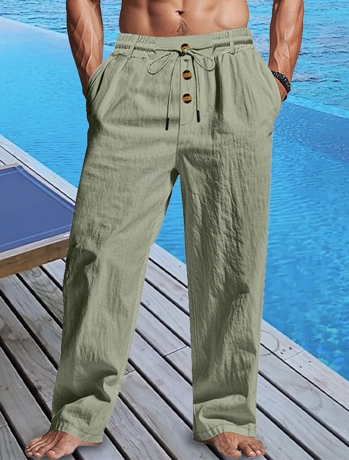 Men's Linen Pants Trousers Summer Beach Buttons Pocket Drawstring
