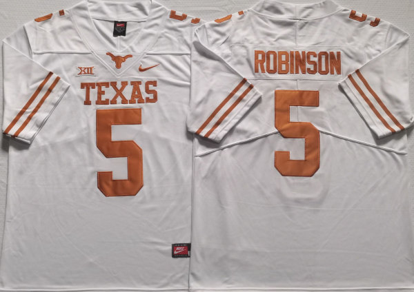 Men's UT Longhorns White 2022 team authorized Bijan Robinson #5 away