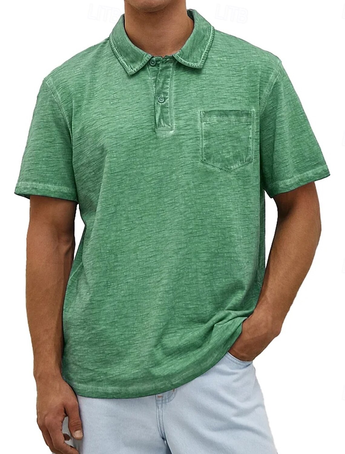 Men's Polo Shirts 100% Cotton Acid Wash Shirt Casual Holiday Lapel