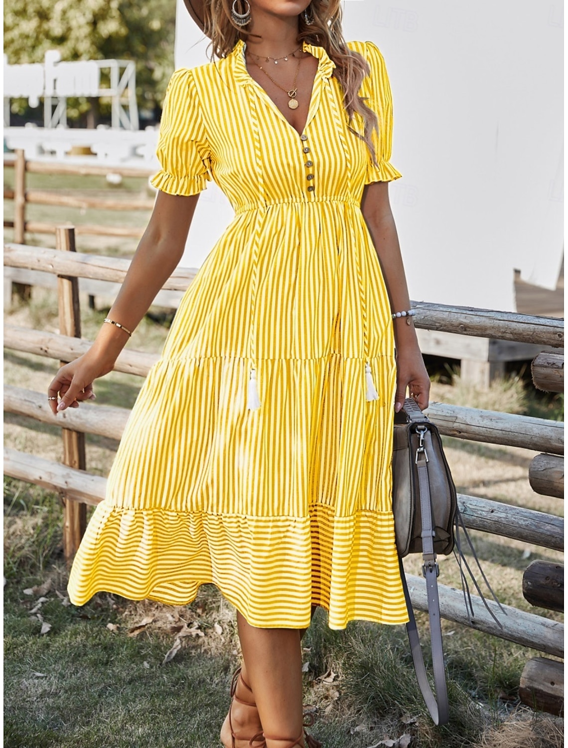 Women's Midi Dress Casual Dress Swing Dress Elegant Fashion Modern Outdoor Vacation Going out Regular Fit Striped Short Sleeve V Neck Blue Yellow Pink Green Summer Spring