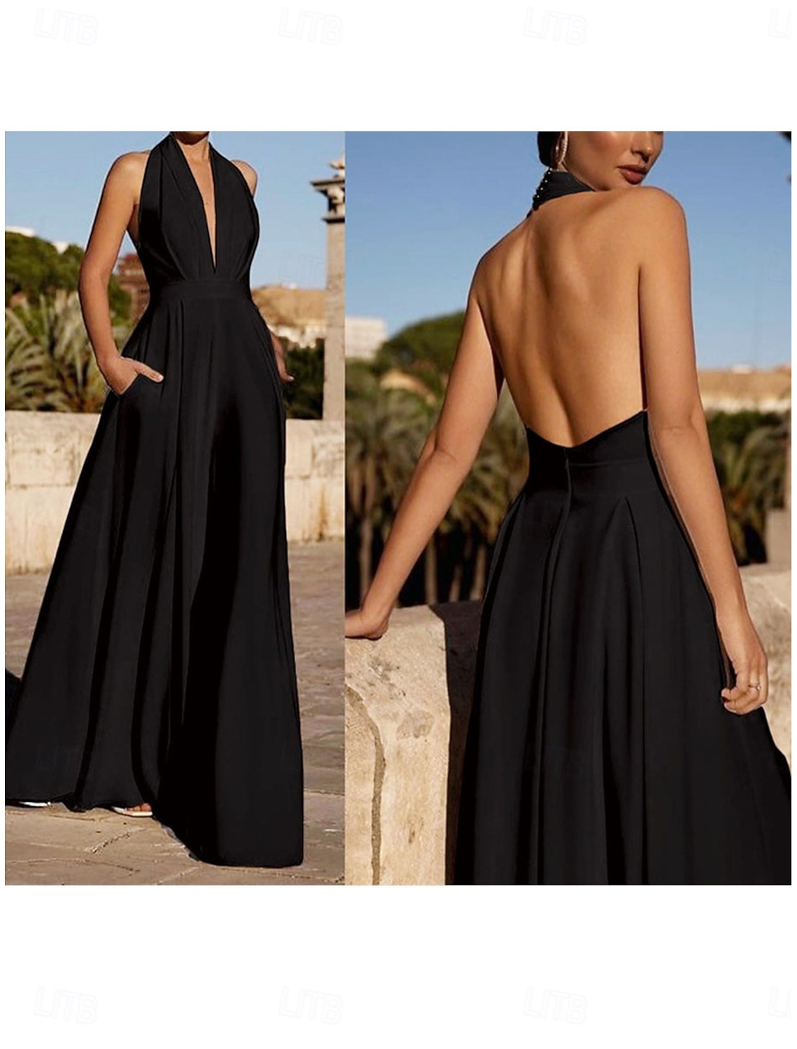 Women's Normal Jumpsuit Elegant Solid Color Sleeveless Wide Leg Halter Neck Patchwork Pocket Daily Vacation Regular Fit Black White Army Green Summer