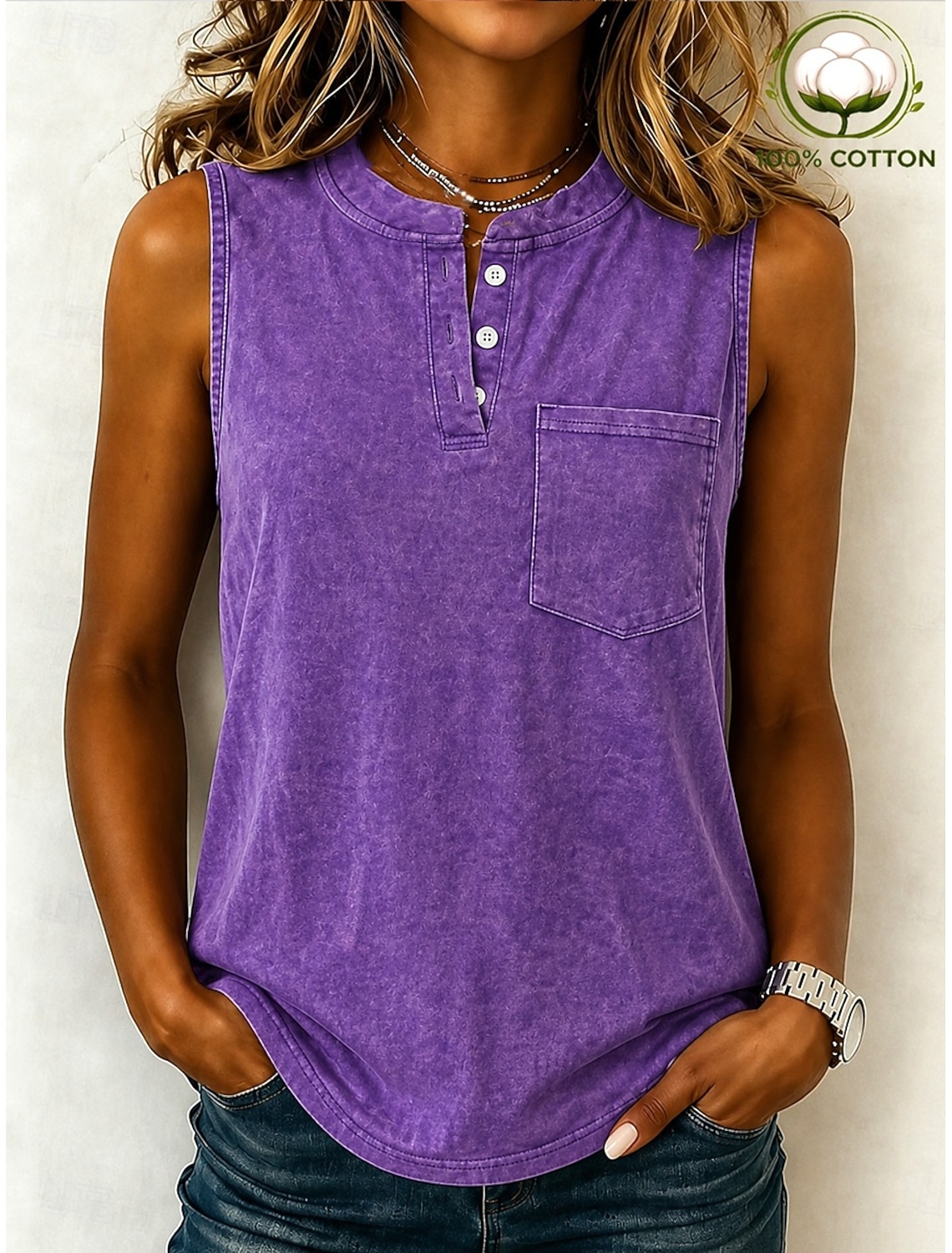 Women's Vintage 100% Cotton Henley Shirt - Soft Washed Short Sleeve Basic Tops
