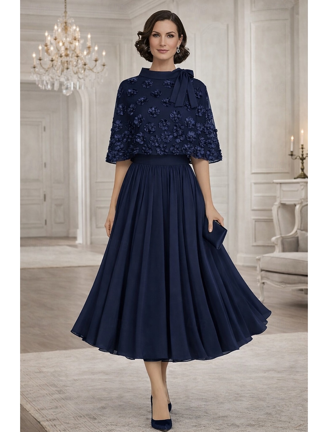 A-Line Tea Length Party Dress Cocktail Dress Wedding Guest Dress Mother of the Bride Dress Short Sleeve Crew Neck Boat Neck Elegant Formal Wedding Guest Family Gathering Chiffon Wrap Included with 3D