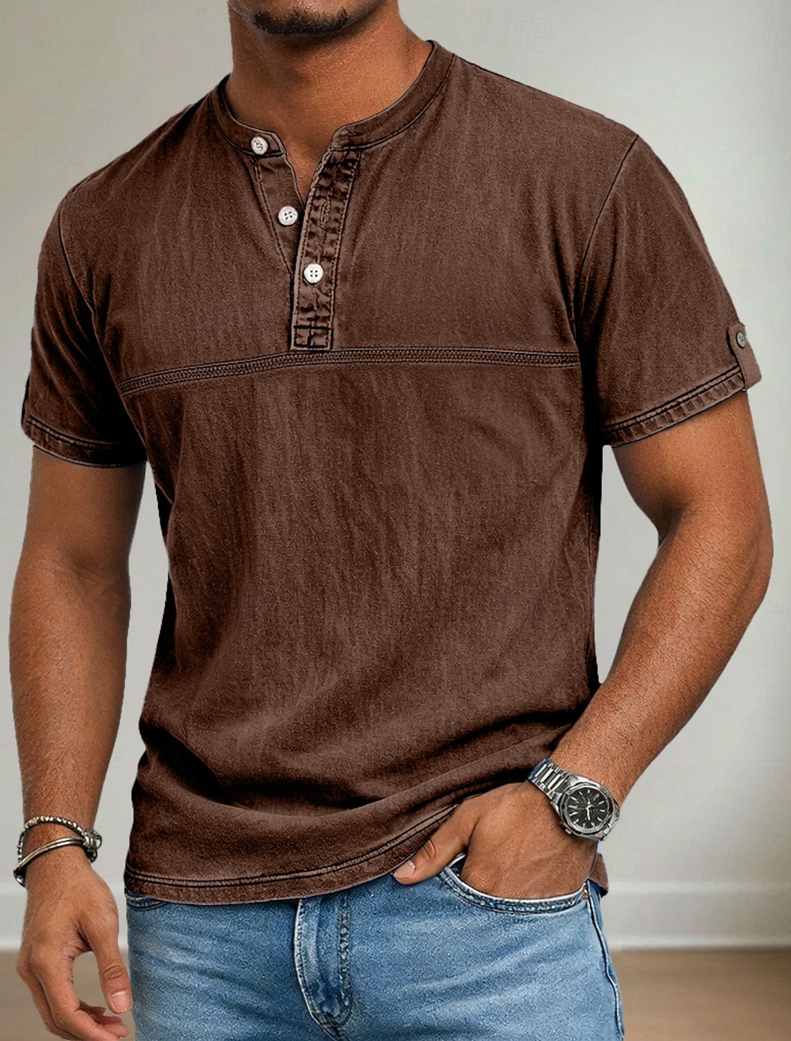 Men's Henley Shirt 100% Cotton Acid Wash Short Sleeve Summer Spring