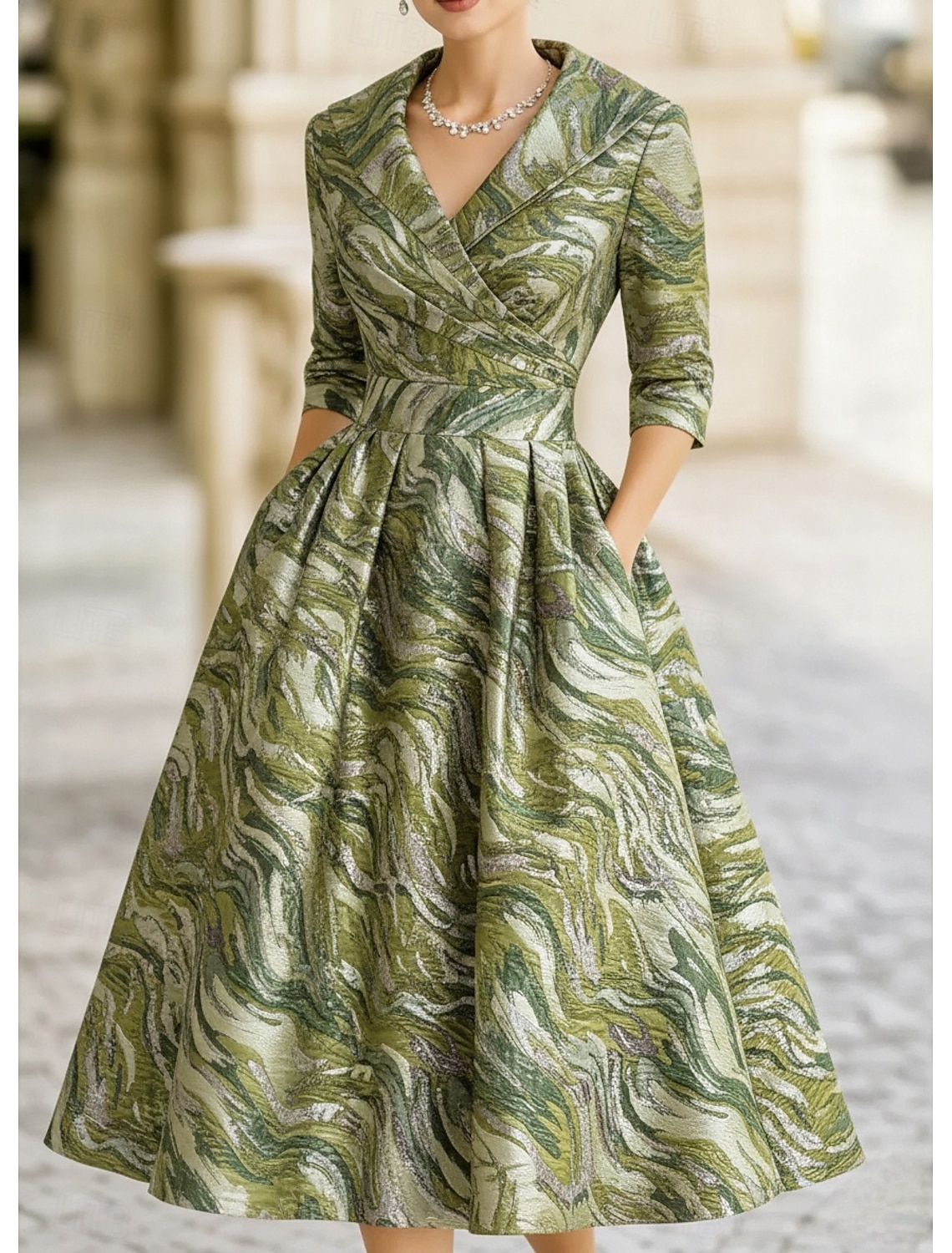 A-Line Tea Length Party Dress Cocktail Dress Wedding Guest Dress Evening Gown Elegant Vintage 3/4 Length Sleeve Shirt Collar Wedding Formal Jacquard with Pocket