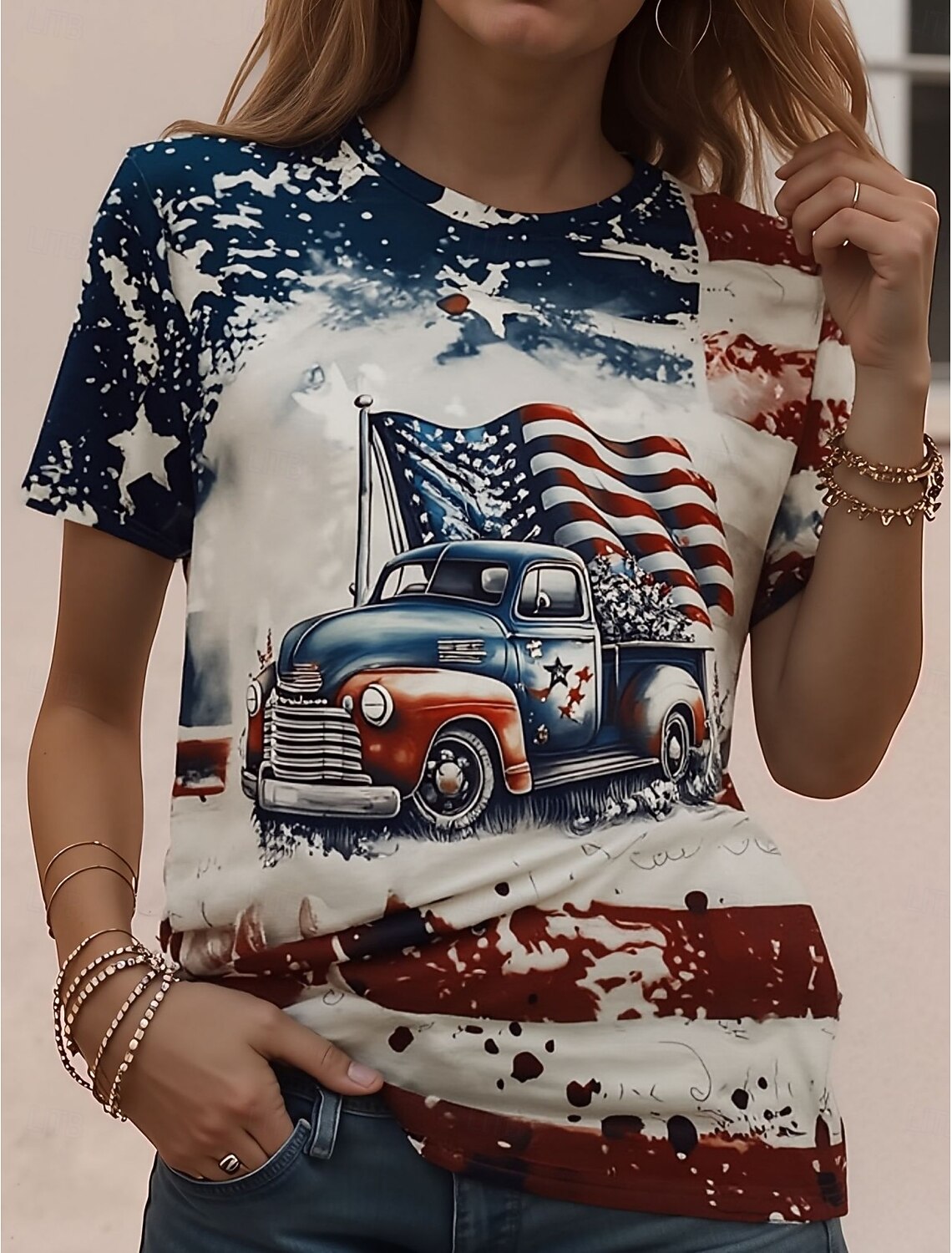 American Independence Day Women's T Shirt Print Graphic American Flag Vintage Stylish Classic Short Sleeve Crew Neck Round Neck Long Tops Daily Weekend Blue White-Blue Black Summer Spring Fall