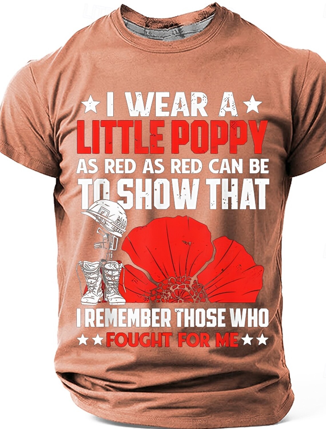 Memorial Day Remembrance Day I Wear A Little Poppy As Red As Red Can Be Men's Soldier Helmet Red Poppy Patriotic Graphic T Shirt Short Sleeve Crew Neck Tee Designer Clothing Apparel S M L XL XXL XXXL