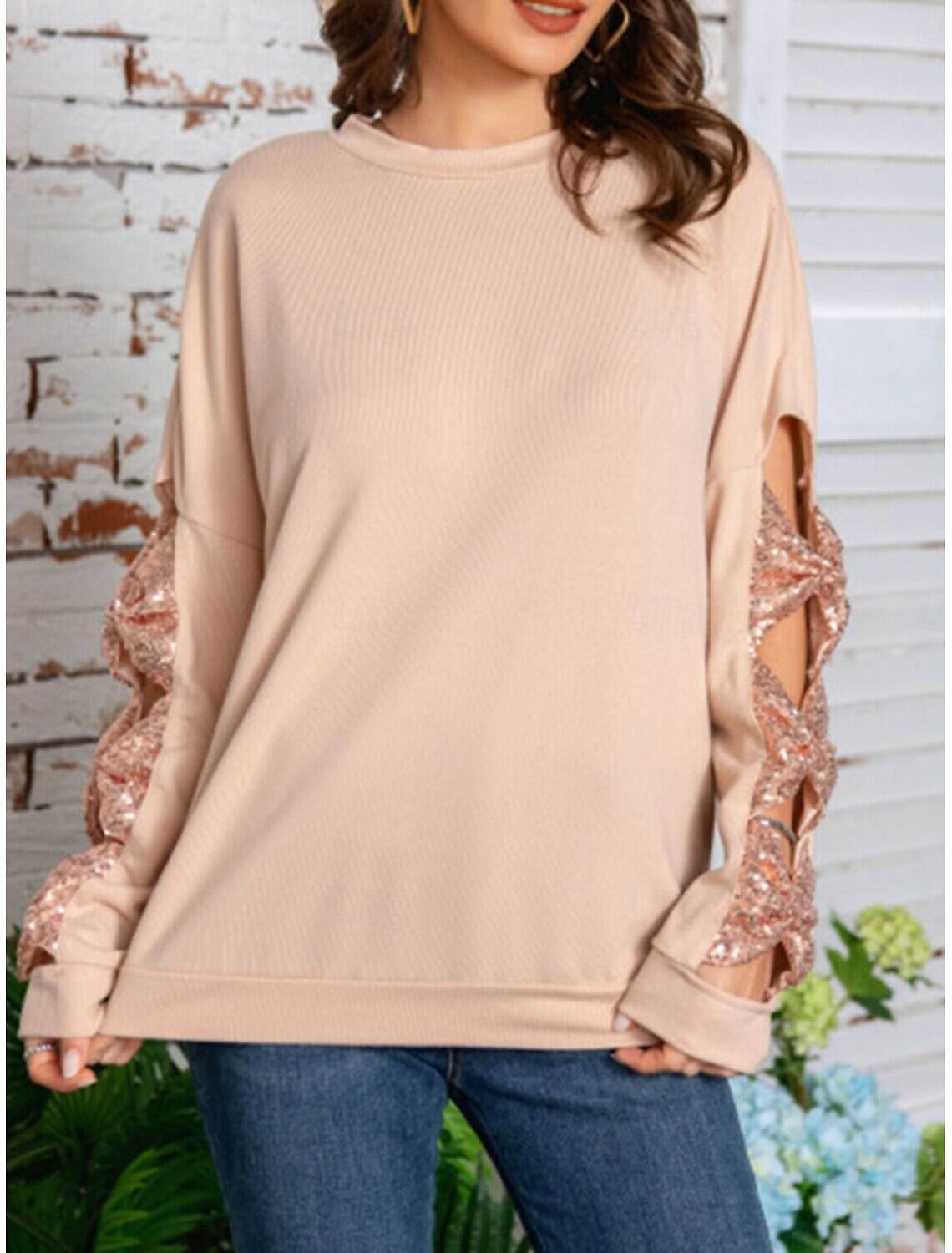 Women's Shirt Blouse Basic Casual Solid Color Regular Tops Long Sleeve Crew Neck Sequins Patchwork Bow Regular Fit Daily Fall Winter