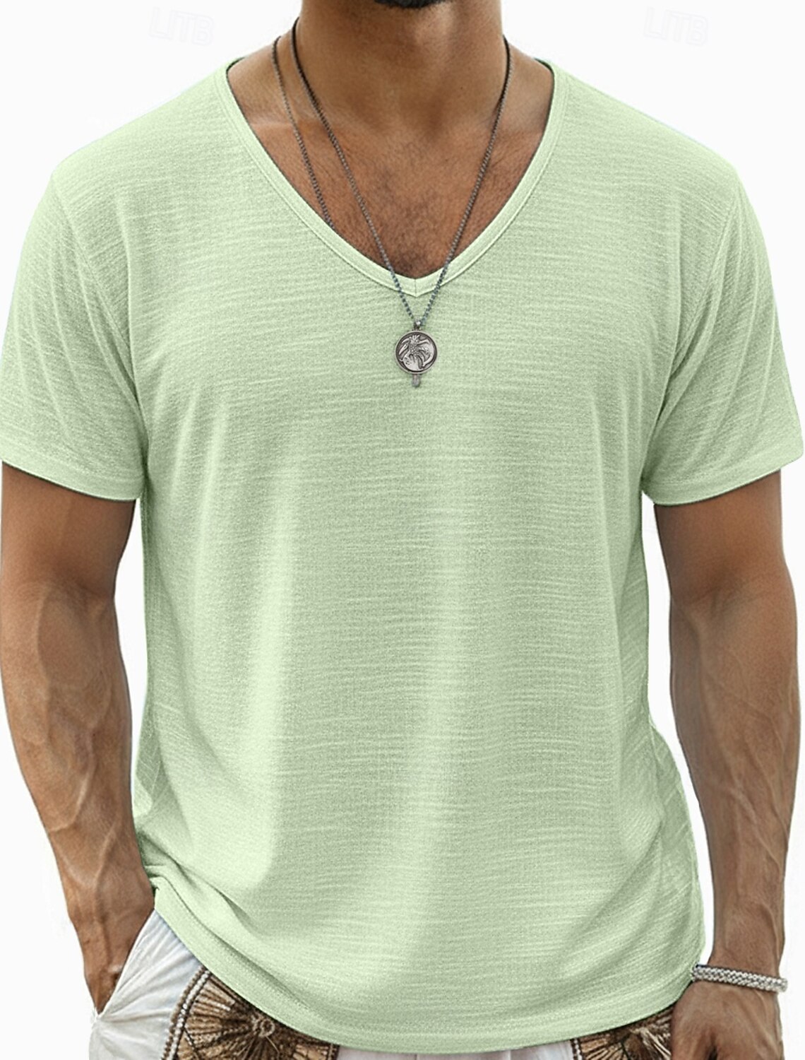 Men's Tee Top Linen T-Shirt Short Sleeve V Neck Summer Solid Color