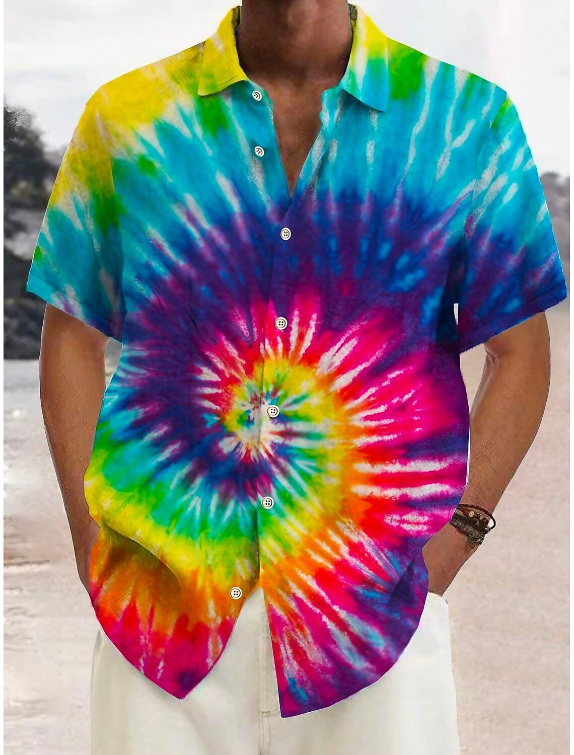 Men's Tie Dye Shirt Button Up Short Sleeve Tropical Fashion Streetwear