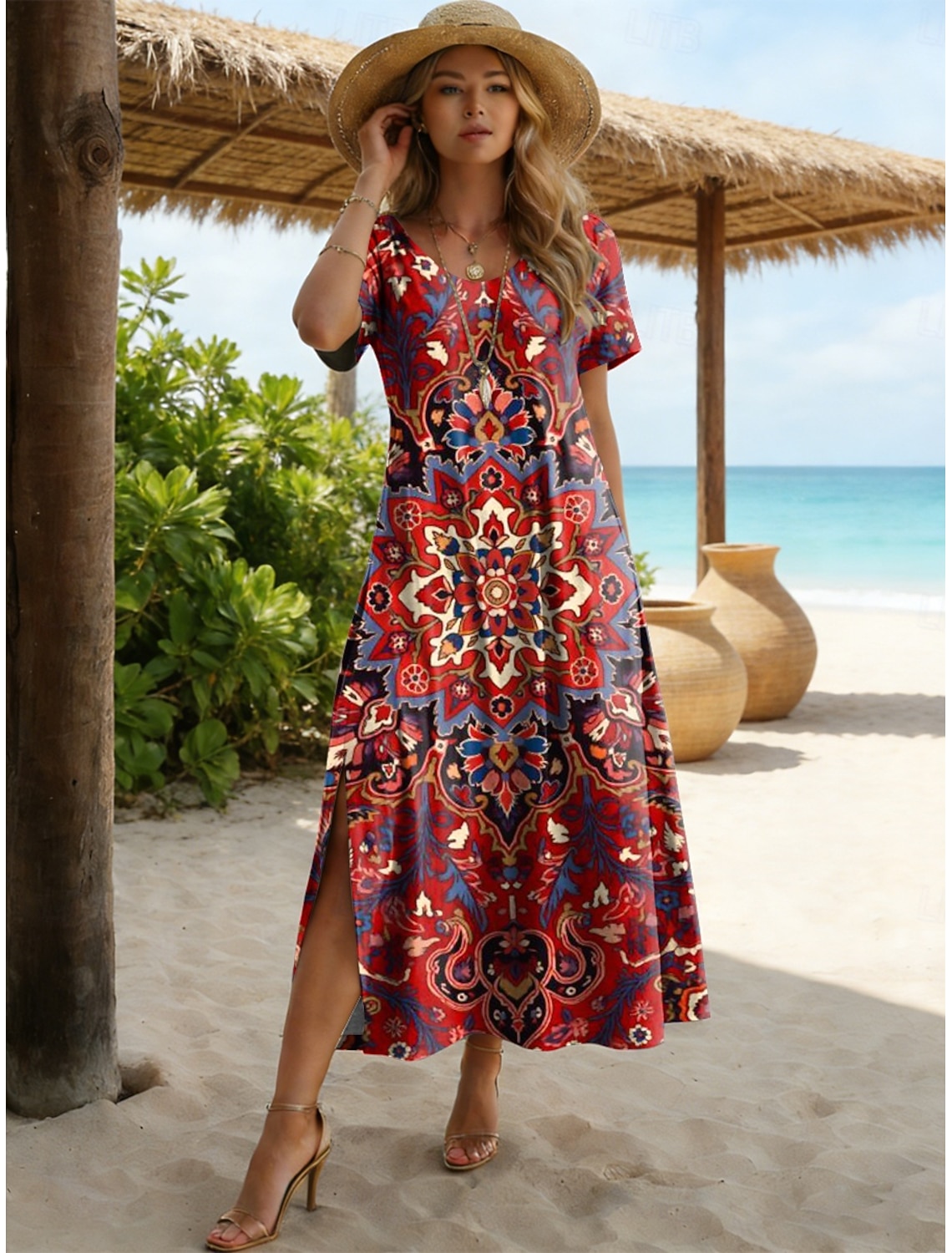 Women's Midi Dress A Line Dress Vacation Casual Beach Holiday Date Regular Fit Graphic Geometric Short Sleeve Crew Neck Blue Yellow Red Purple Summer Spring