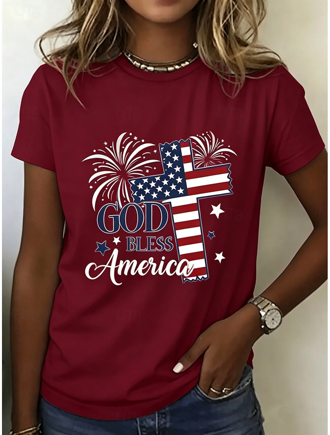American Independence Day Women's T Shirt Print Graphic Letter Vintage Stylish Classic Short Sleeve Crew Neck Regular Tops Daily Blue Black White Red Summer Spring