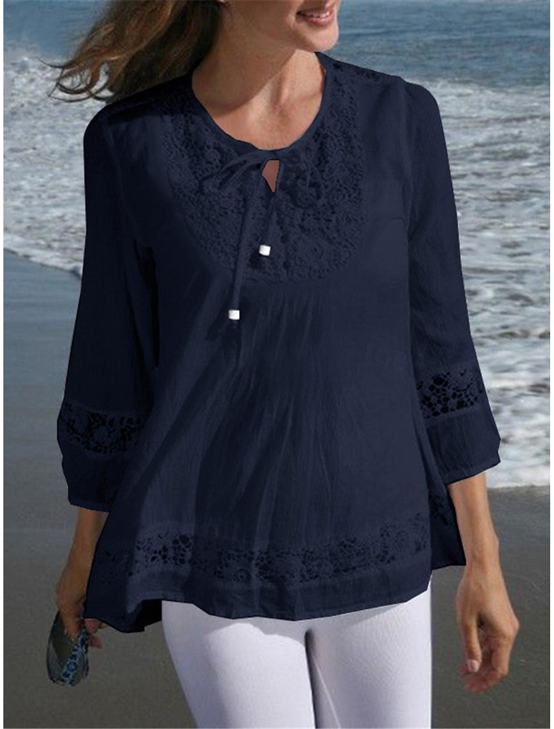 Women's Shirt Cotton Blend Lace Shirt Blouse Lace Patchwork Plain Basic Modern 3/4 Length Sleeve Crew Neck Regular Tops Casual Black White Wine Navy Blue Summer Spring