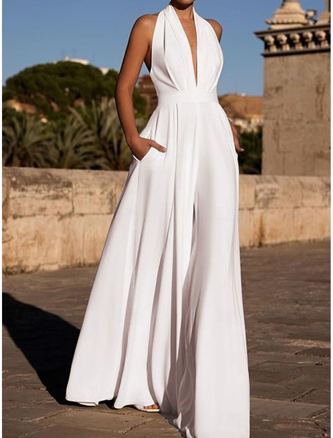 Women's Normal Jumpsuit Elegant Solid Color Sleeveless Wide Leg Halter Neck Patchwork Pocket Daily Vacation Regular Fit Black White Army Green Summer
