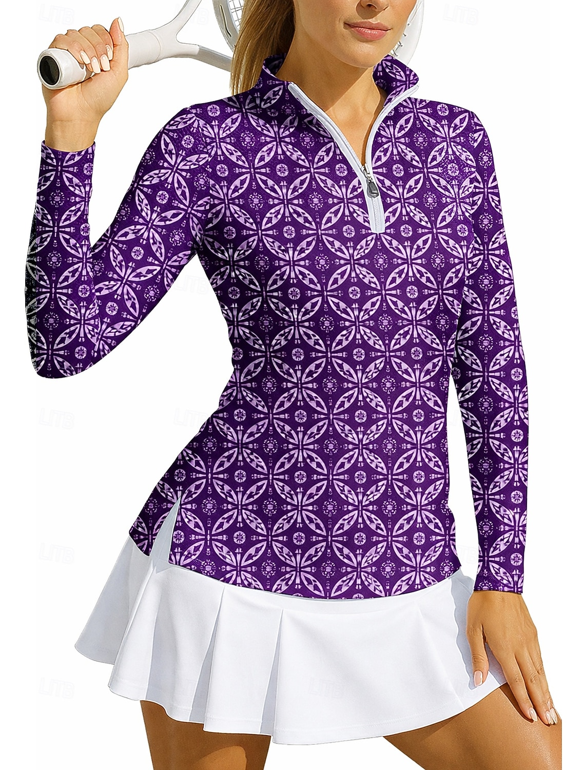 Women's Geometric Circle Sport Shirt Golf Polo Shirt Tennis Shirt Tennis Tee Long Sleeve Zipper Floral UPF50+ UV Resistant High Elasticity Moisture Wicking Breathable Tennis Golf Pickleball Stand