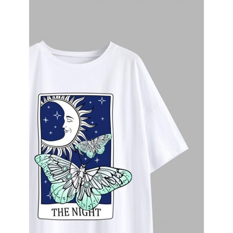 Moon Star Butterfly Print Drop Shoulder T Shirt XG4316