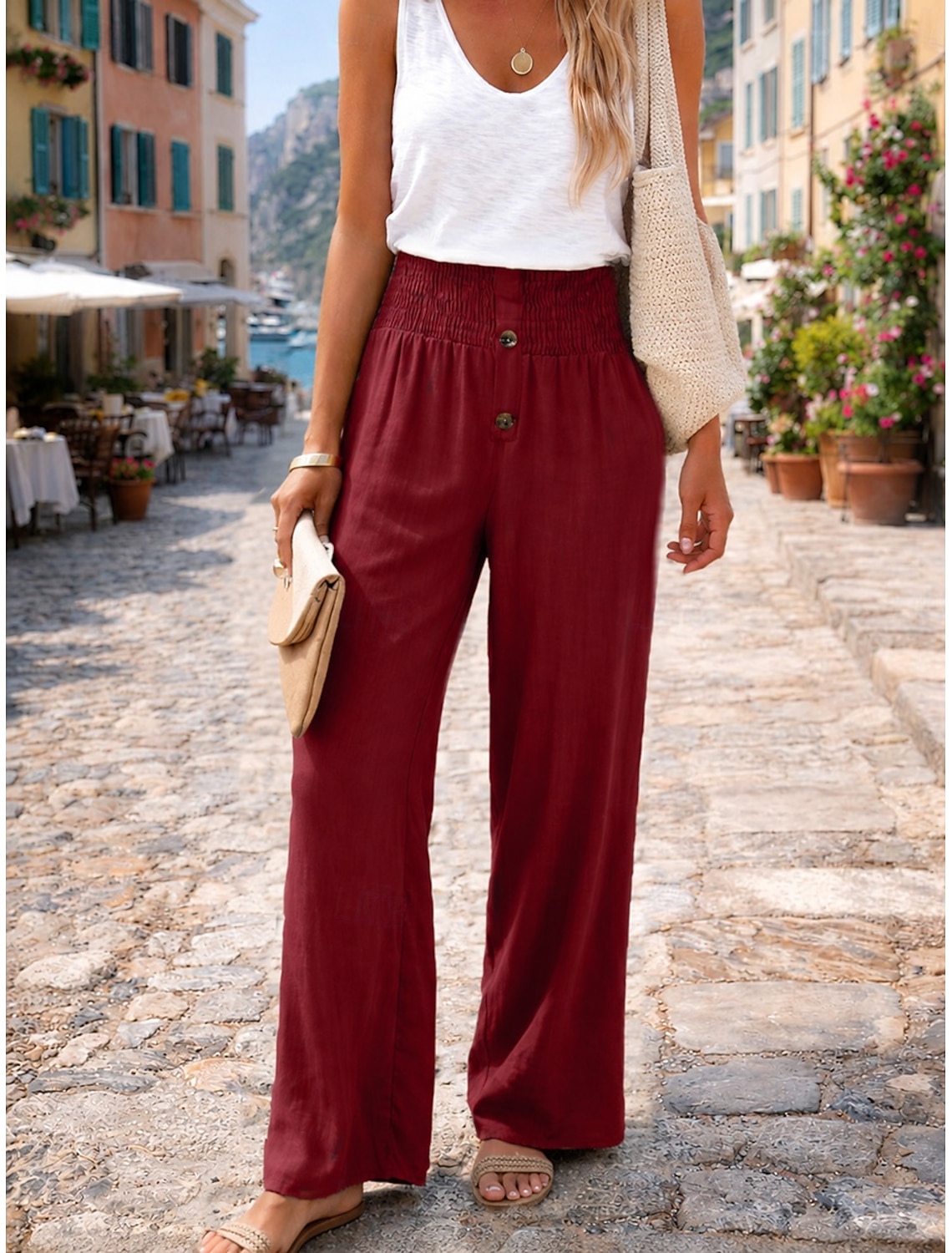 Women's Cotton Linen Pants Wide Leg Chinos Summer Pants Vacation Streetwear Basic Full Length Medium Waist Plain Pocket Elastic Waist Comfy Comfort Micro-elastic Outdoor Vacation Street claret Grey