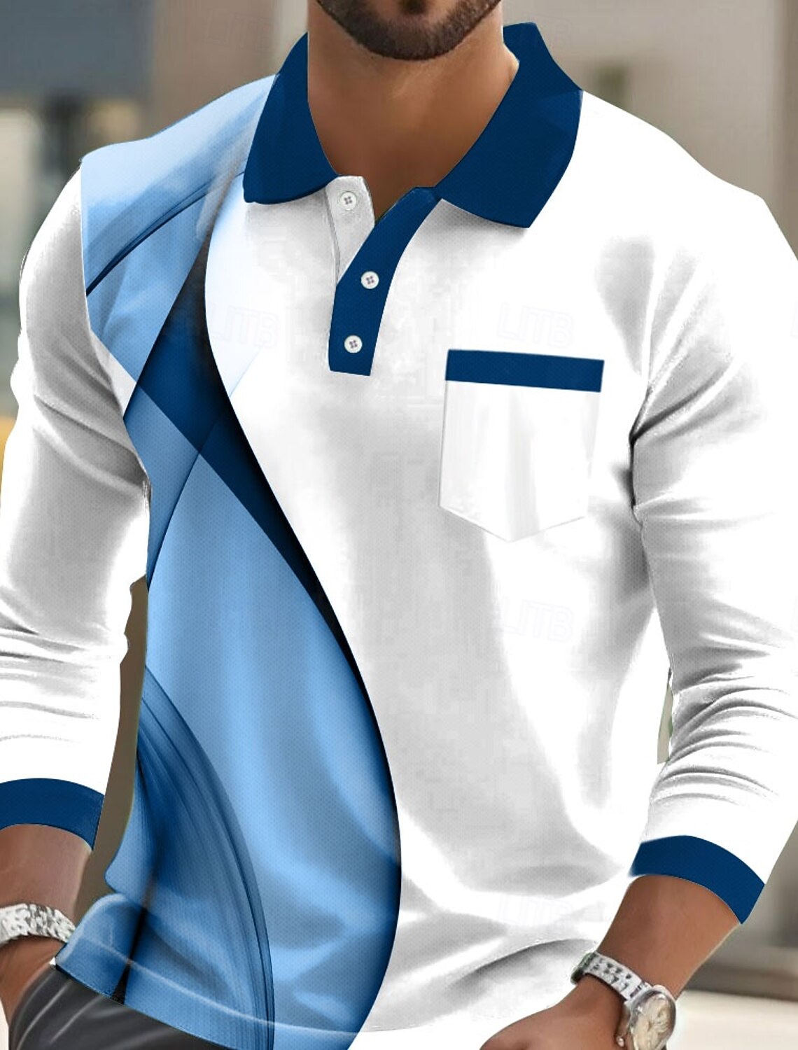 Men's Geometric Polo Long Sleeve Shirts Lapel Casual Business