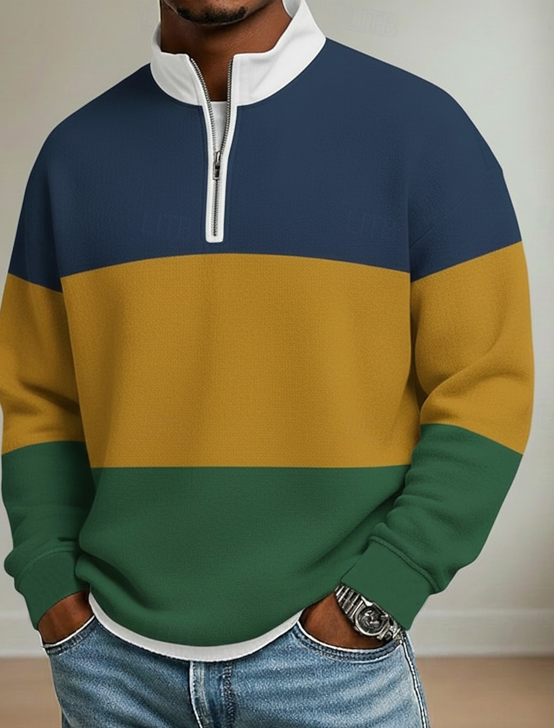 Men's Stripes Polo Long Sleeve Standing Collar Athleisure Vacation Athleisure Casual Daily 3D Print Color Block Spring Fall Blue Black Navy Blue