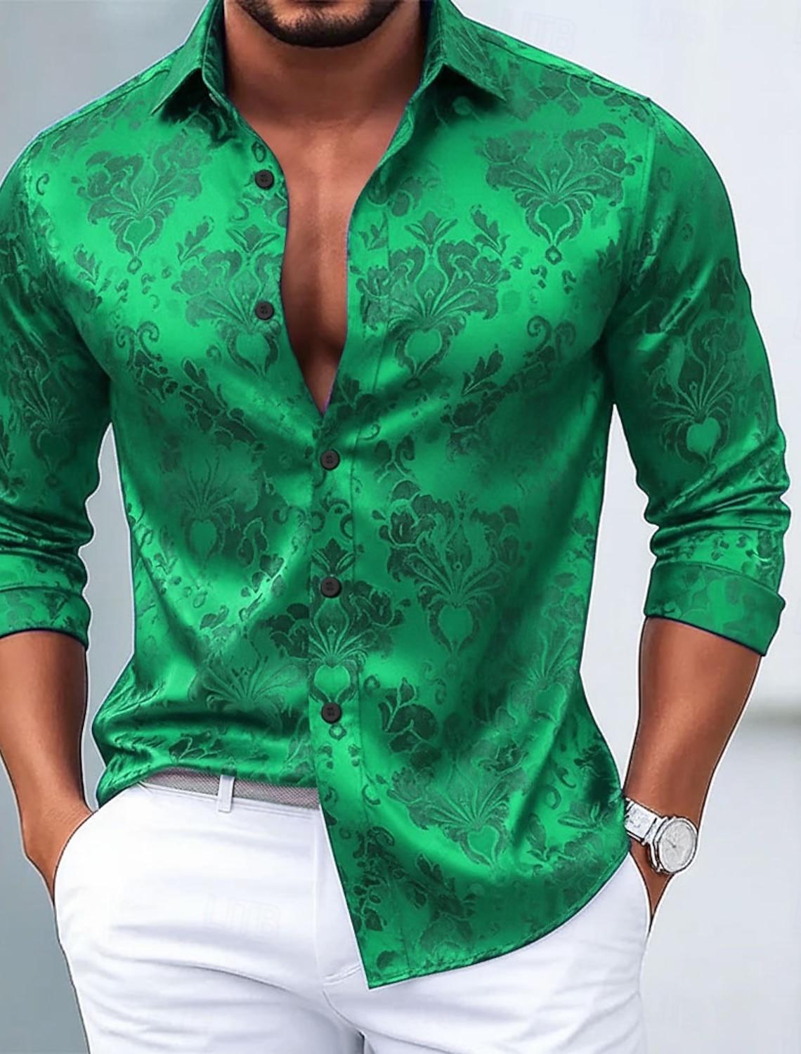 Men's Ethnic Intricate Floral Flowers Shirt Satin Dress Long Sleeve