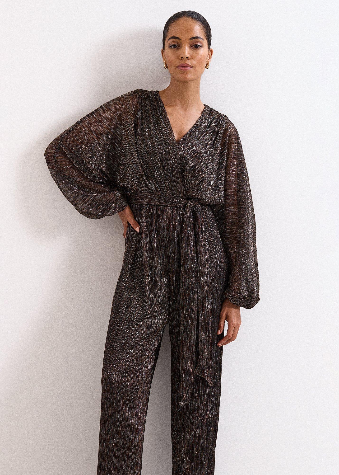 Rachel Plisse Gold Metallic Jumpsuit