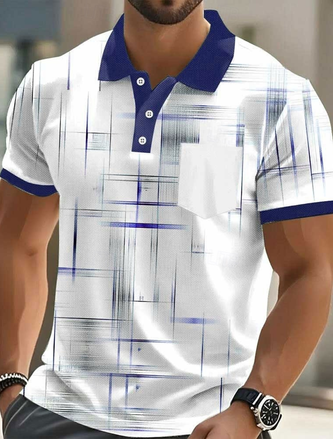 Men's Geometic Line Polo Short Sleeve Shirts Collared Business Casu #1