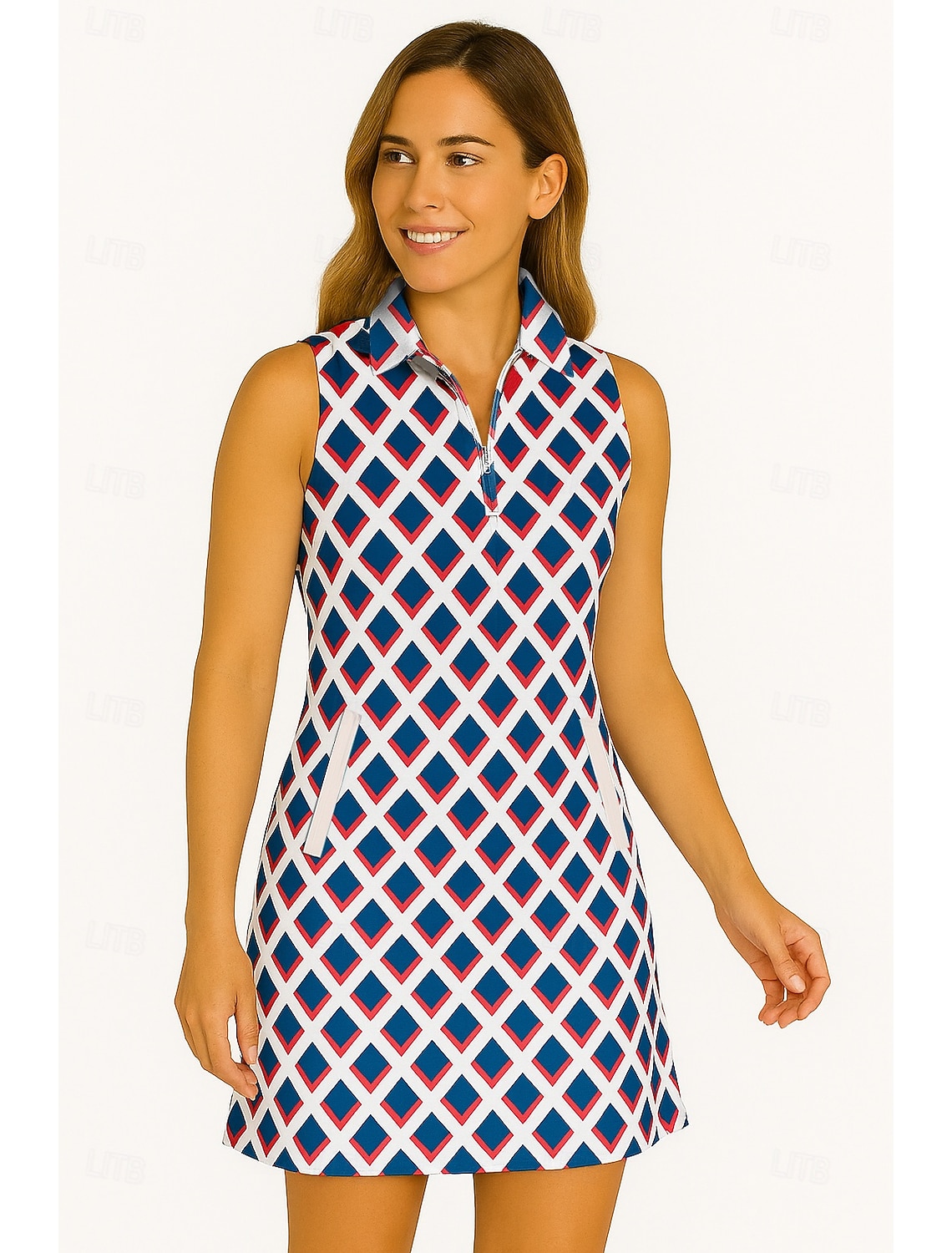 Women's Geometric Tennis Dress Golf Dress Sleeveless Dress Sleeveless Zipper UV Protection Elastic Breathable Tennis Golf Badminton Polo Collar Dress Yellow Blue Purple Tennis Clothing