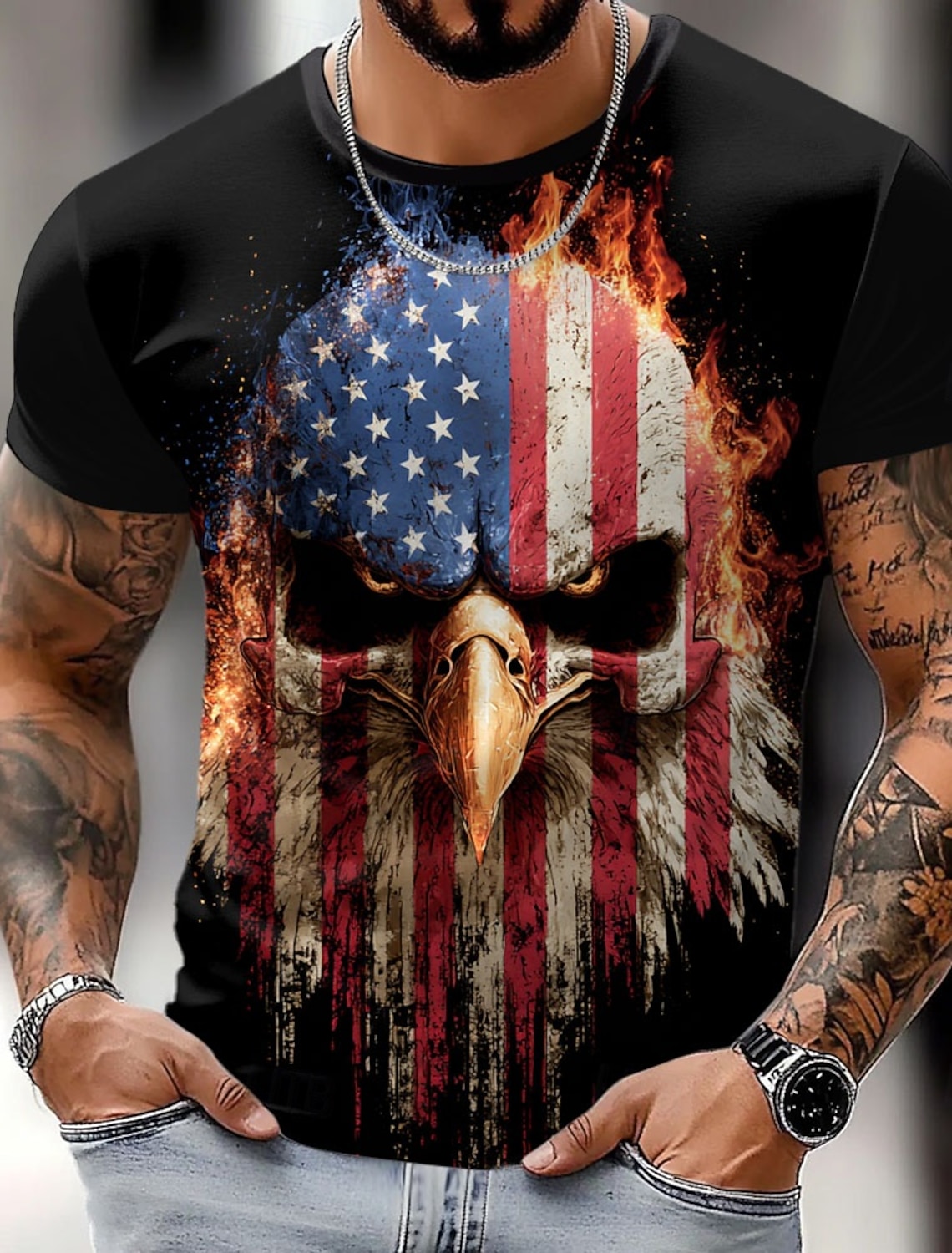 4th of July 2026 250th Memorial Day Patriotic Vintage Patriot 3D Print Crew Neck Short Sleeve T-Shirt