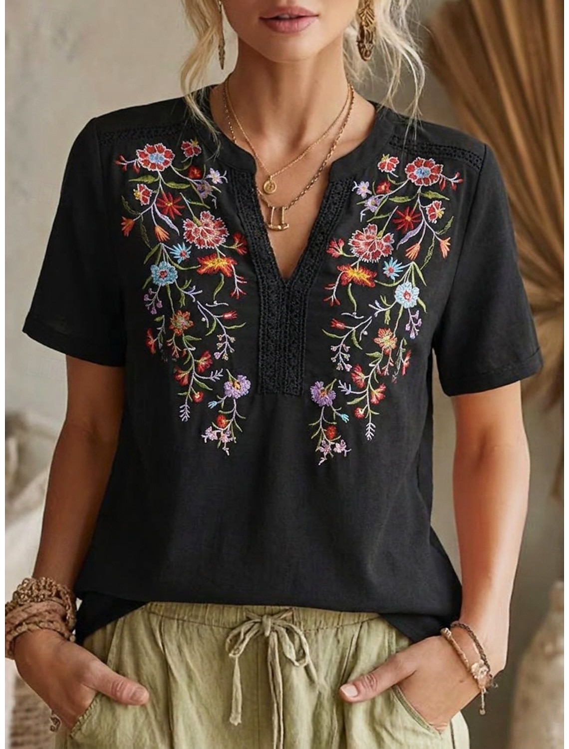 Women's Blouse Lace Tops Embroidery Shirts Lace Embroidered Floral Vintage Boho Short Sleeve V Neck Regular Tops Casual Holiday Summer Black Army Green Navy Blue Purple Brown Summer Spring