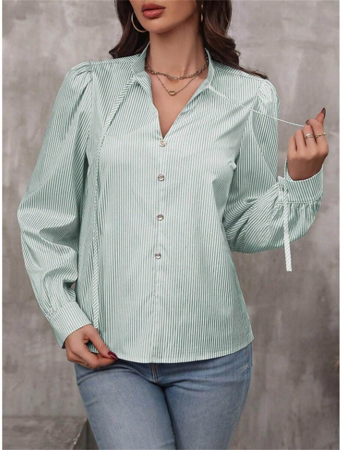 Women's Shirt Blouse Stylish Casual Striped Regular Tops Long Sleeve V Neck Patchwork Regular Fit Work Daily Going out Summer Spring Fall