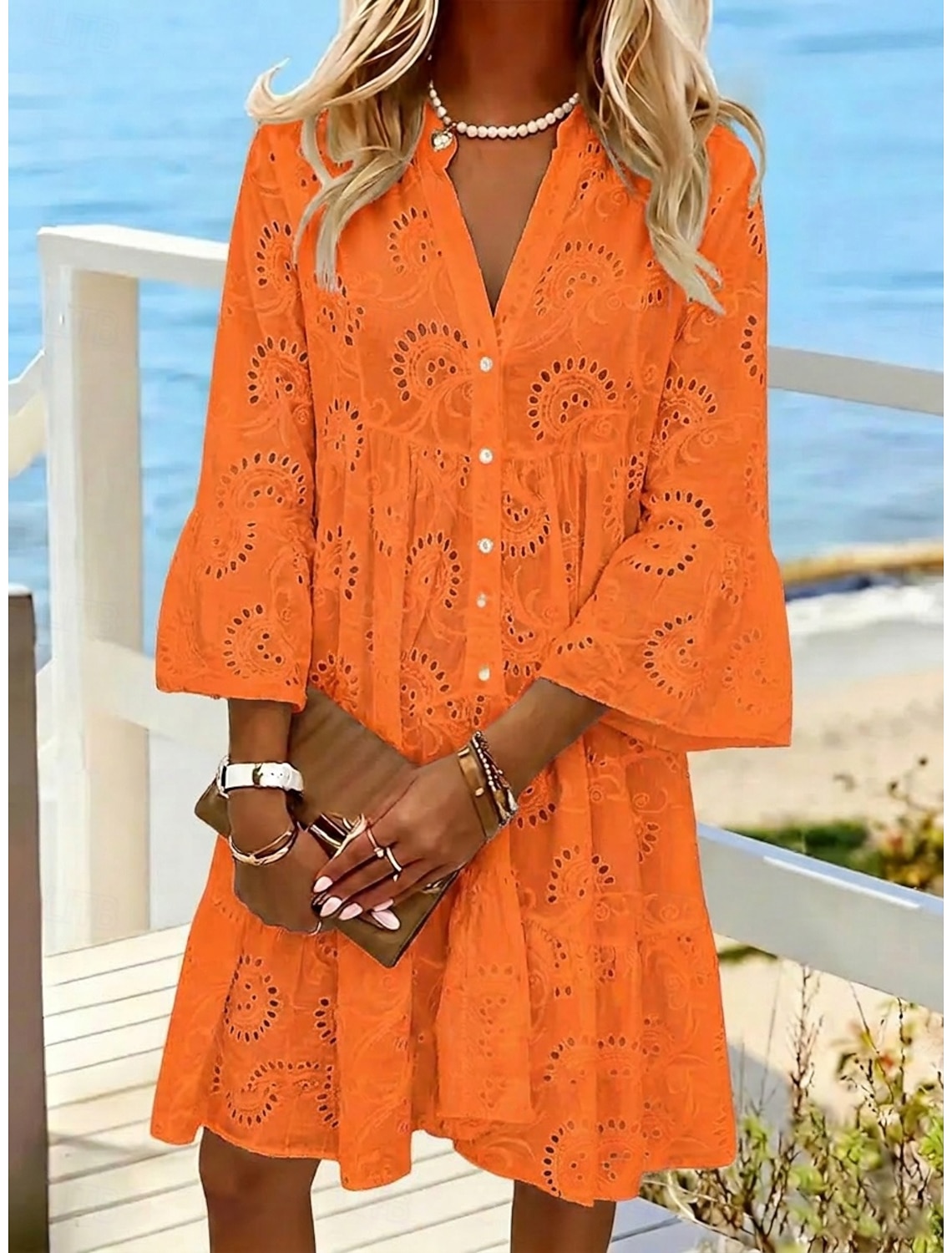 Women's Knee Length Dress White Dress Summer Dress Eyelet Dress Fashion Modern Beach Vacation Holiday Loose Fit Floral Long Sleeve Stand Collar White Yellow Pink Royal Blue Summer Spring