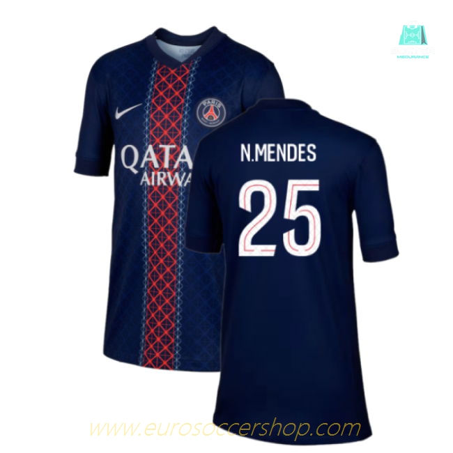 2025-2026 PSG Paris Saint Germain Home Shirt (Kids) (N.Mendes 25)