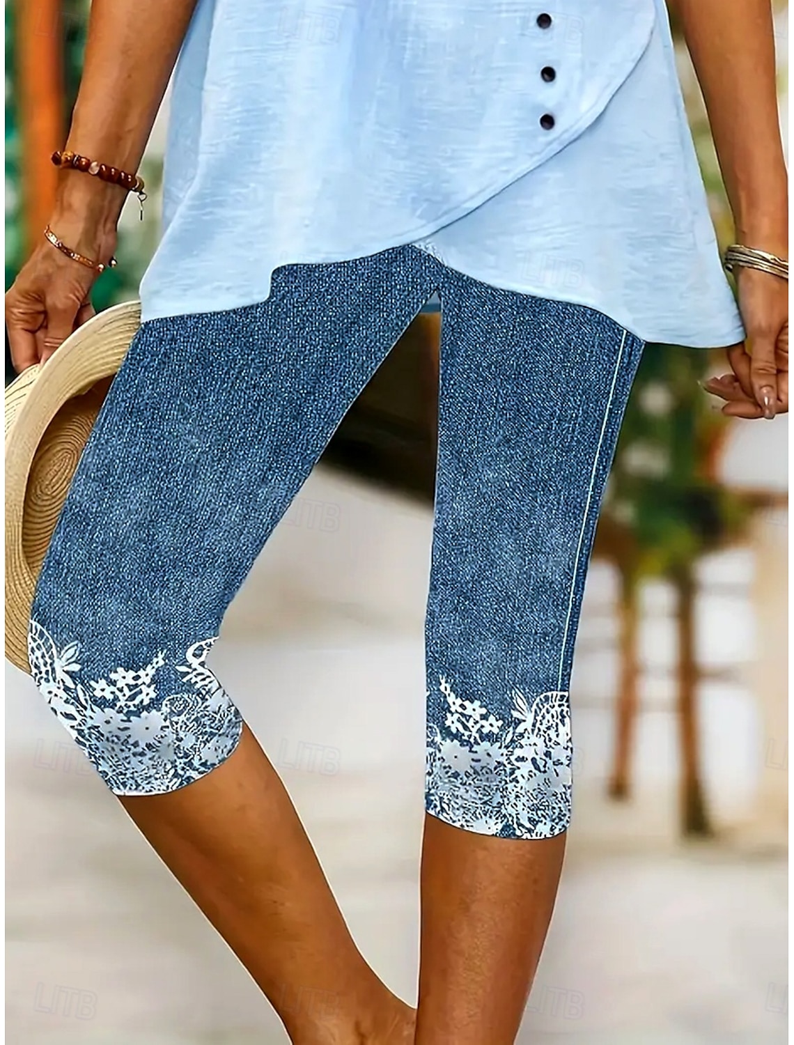 Women's Leggings Capri Pants High Elasticity Vacation Fashion Hawaiian Calf-Length Mid Waist Floral Graphic Printing Breathable Soft Vacation Casual Daily Light Blue Summer Spring Regular Fit