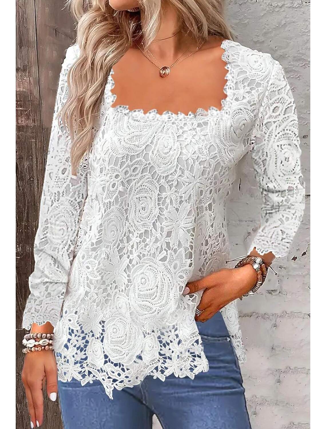 Shirt Lace Shirt Blouse Eyelet top Women's Plain Lace Street Daily Fashion Square Neck Regular Fit S