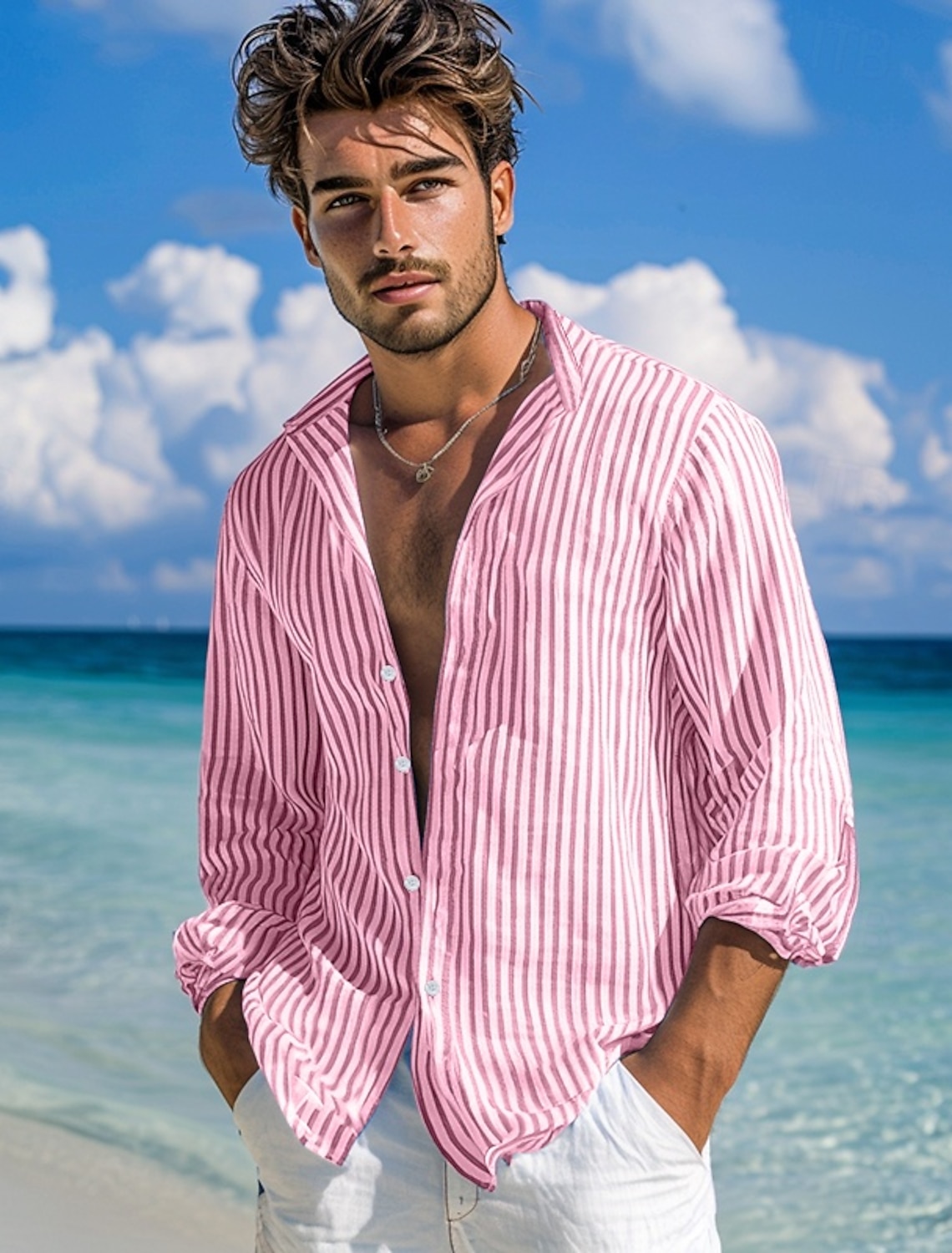 Men's Shirt Summer Shirt Beach Wear Button Up Shirt Casual Shirt Striped Shirt Pink Green Dark Gray Light Blue Long Sleeve Plain Band Collar Daily Vacation Splice Clothing Apparel Fashion Casual