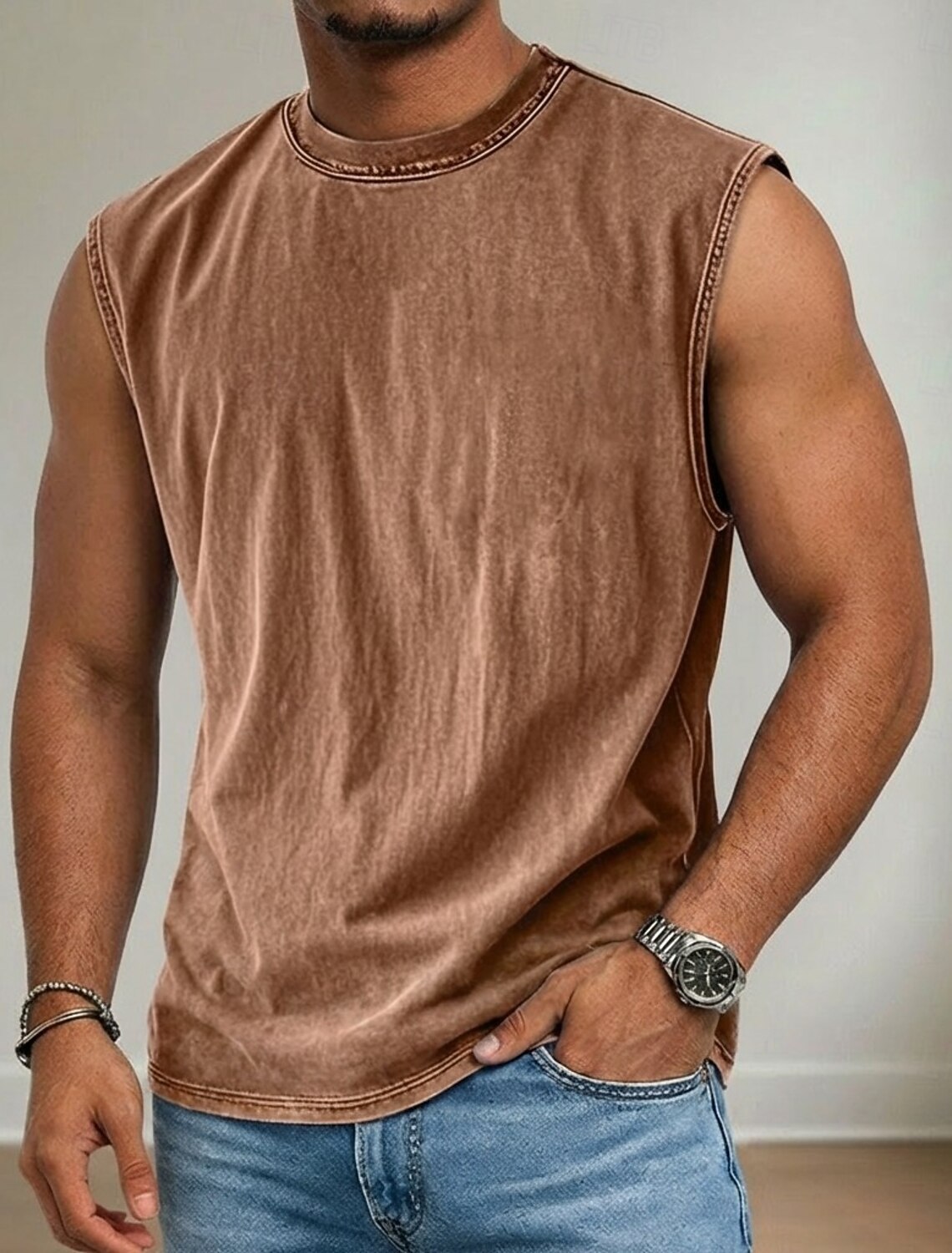 Men's Tank Top Acid Wash Vest Undershirt Sleeveless Shirt Crew Neck