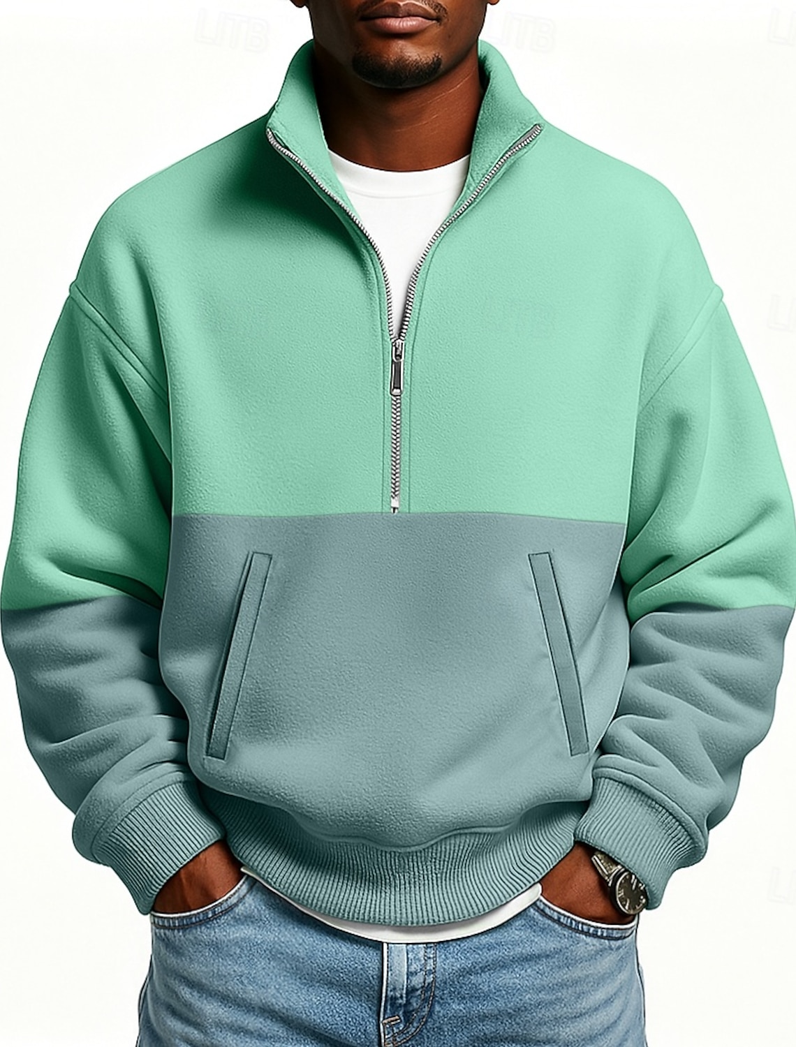 Men's Hoodie Sweatshirt Pullover Green Standing Collar Half Zip Plain